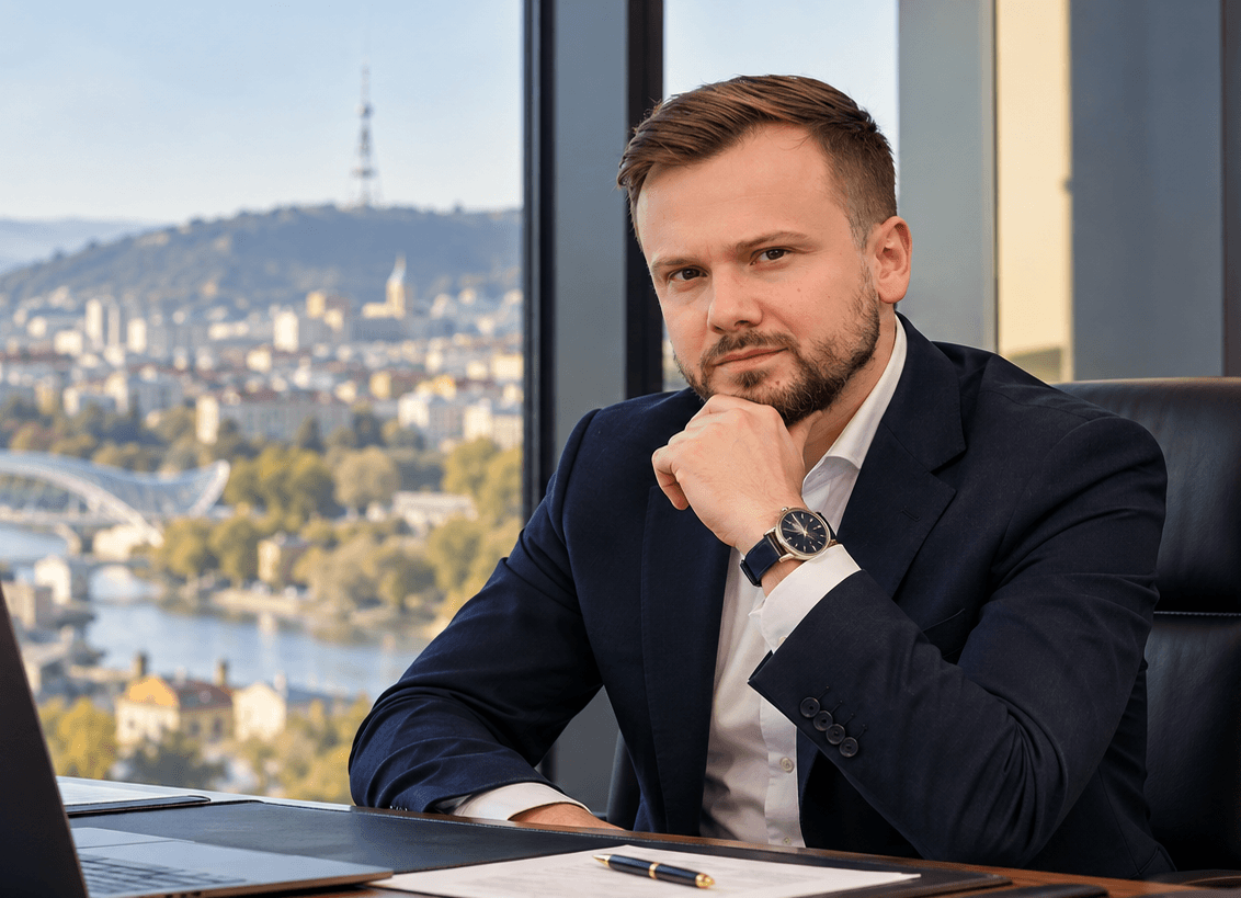 Davit Kortava, Attorney-at-Law, seated at his desk with a city panorama behind him